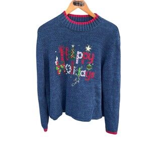 Tiara International Christmas Collection Pullover Mock Sweater Happy Holidays XL